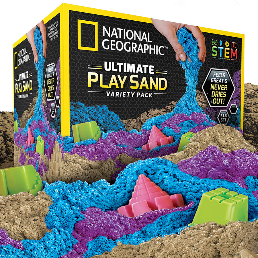 NATIONAL GEOGRAPHIC Play Sand Combo Pack - 2 LBS each of Blue, Purple and Natural Sand with Castle Molds - A Kinetic Sensory Activity