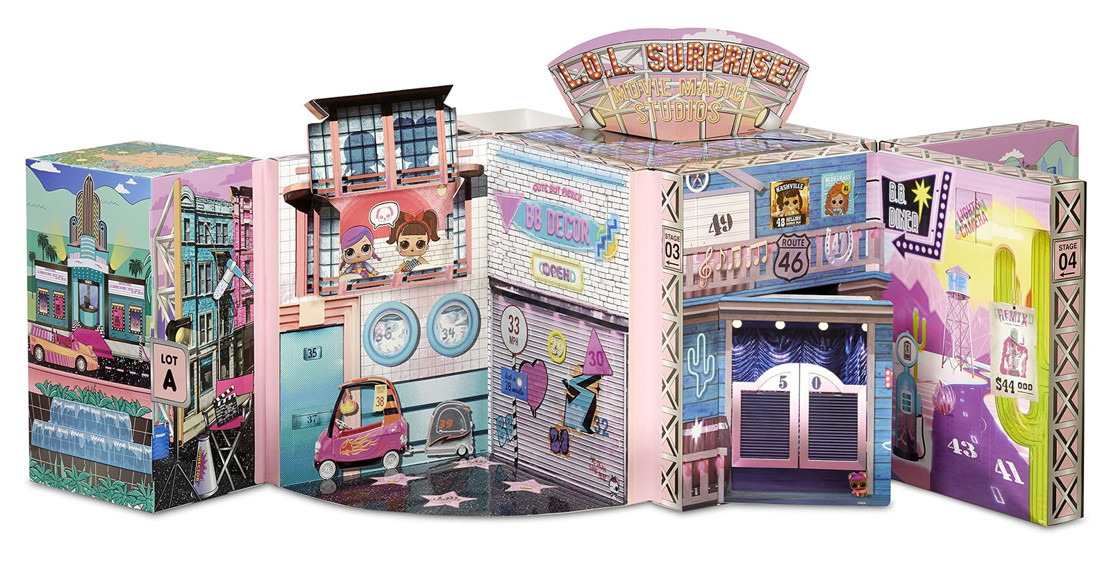 LOL Surprise OMG Movie Magic Studios with 70+ Surprises, 12 Dolls Including 2 Fashion Dolls, 4 Movie Studio Stages, Green Screen, Phone Tripod, Movie Theater/Set Packaging, and Movie Accessories