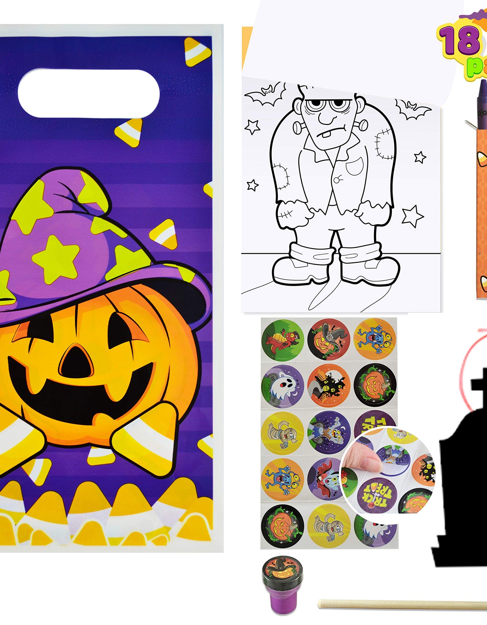 JOYIN 108 Pieces 18 Pack Assorted Halloween Art and Craft Stationery Gift Sets Trick or Treat Party Favor Toy Including Halloween Bag, Scratch Cards, Coloring Books, Stickers, Stamps, Crayons
