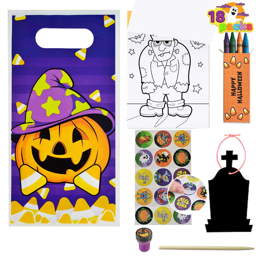 JOYIN 108 Pieces 18 Pack Assorted Halloween Art and Craft Stationery Gift Sets Trick or Treat Party Favor Toy Including Halloween Bag, Scratch Cards, Coloring Books, Stickers, Stamps, Crayons