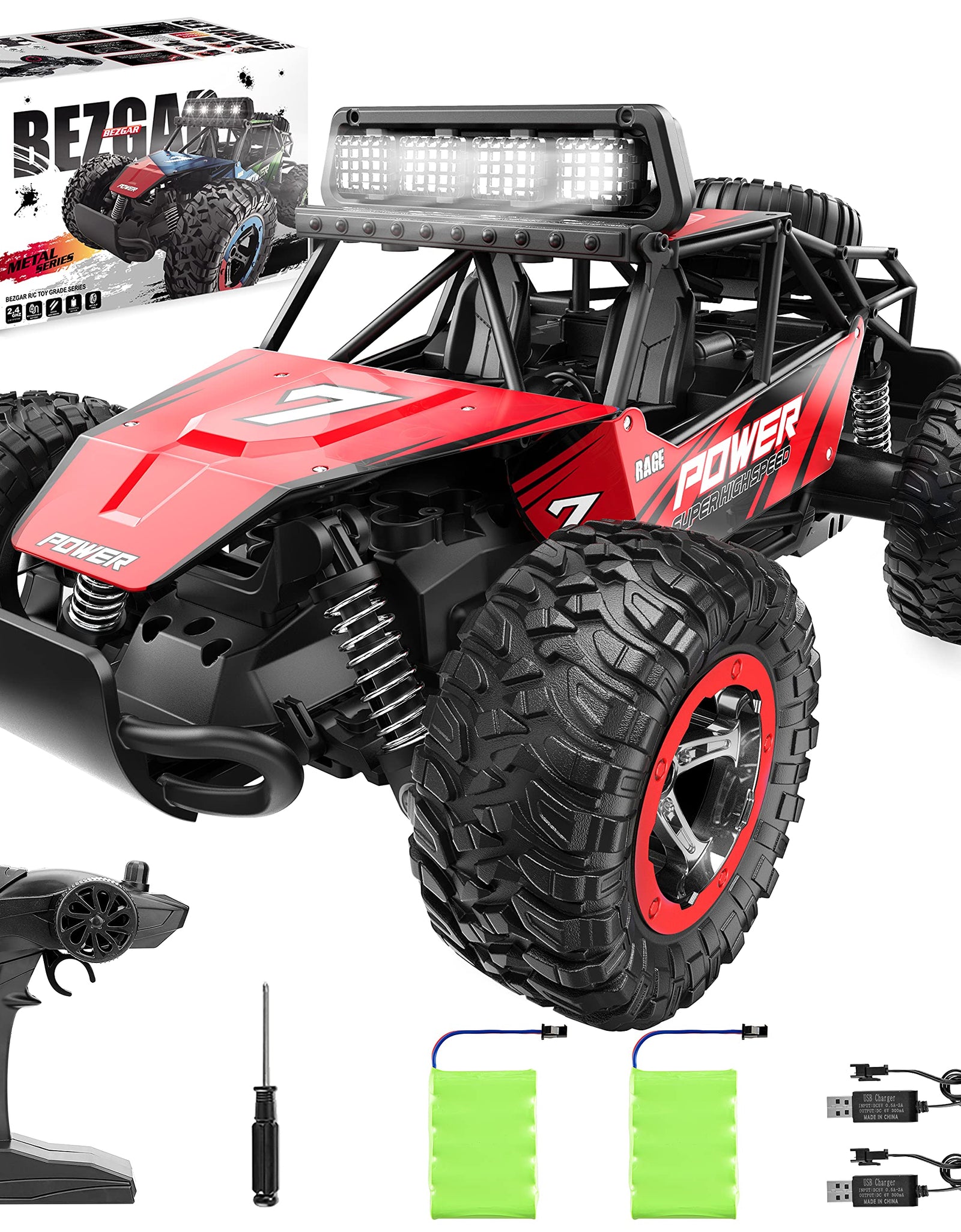 BEZGAR 17 Toy Grade 1:14 Scale Remote Control Car, 2WD High Speed 20 Km/h All Terrains Electric Toy Off Road RC Monster Vehicle Truck Crawler with Two Rechargeable Batteries for Boys Kids and Adults