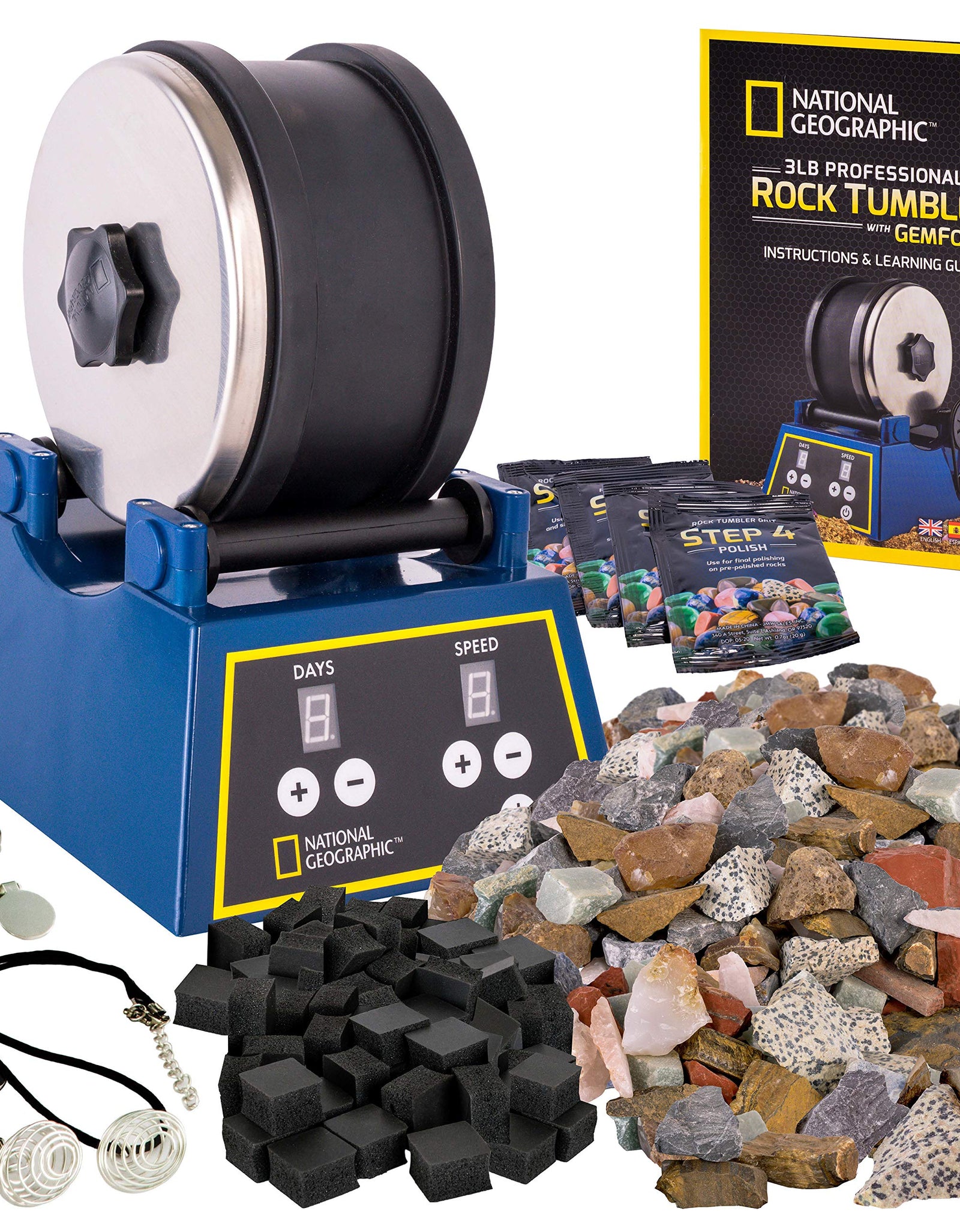 NATIONAL GEOGRAPHIC Rock Tumbler Kit-3LB Extra Large Capacity, 3LB Rough Gemstones 4 Polishing Grits, Jewelry Fastenings, an Educational STEM Science Kit