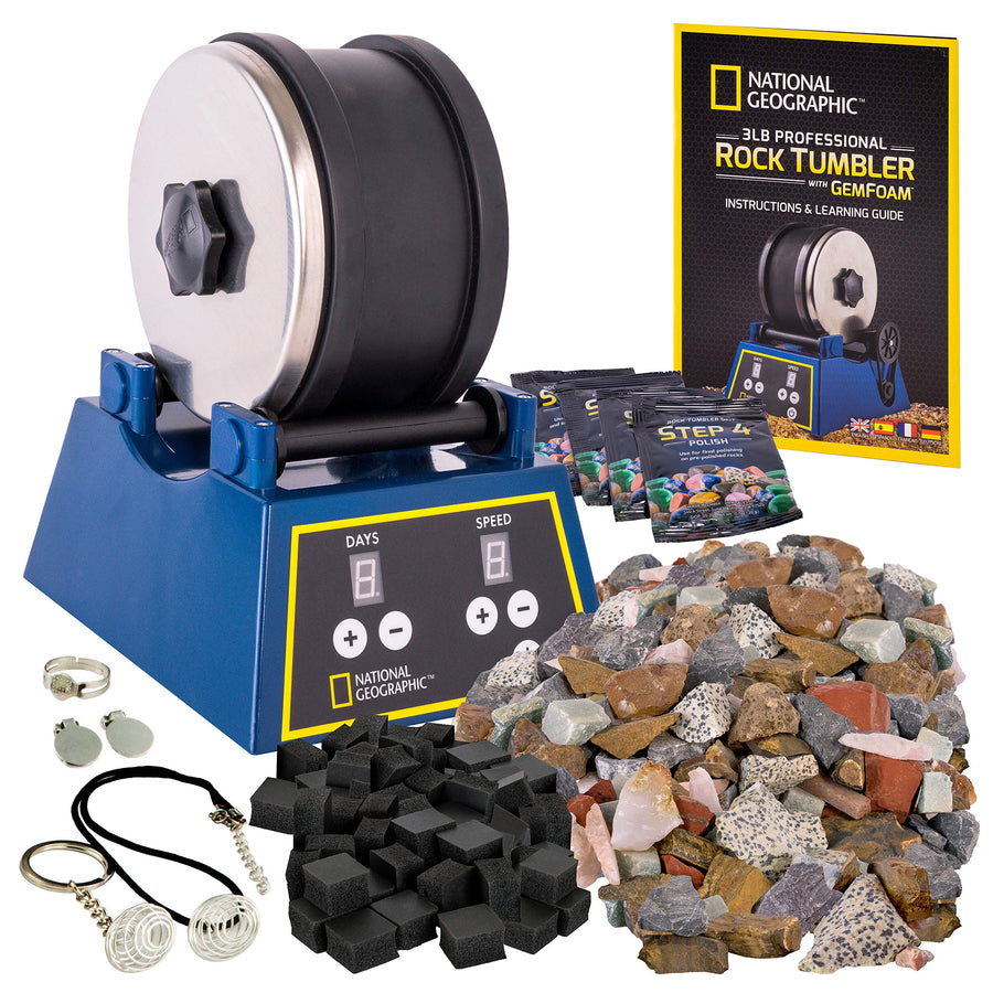 NATIONAL GEOGRAPHIC Rock Tumbler Kit-3LB Extra Large Capacity, 3LB Rough Gemstones 4 Polishing Grits, Jewelry Fastenings, an Educational STEM Science Kit