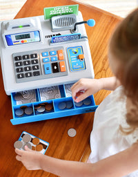 Ben Franklin Toys Talking Toy Cash Register - STEM Learning 69 Piece Pretend Store with 3 Languages, Paging Microphone, Credit Card, Bank Card, Play Money and Banking for Kids, Silver
