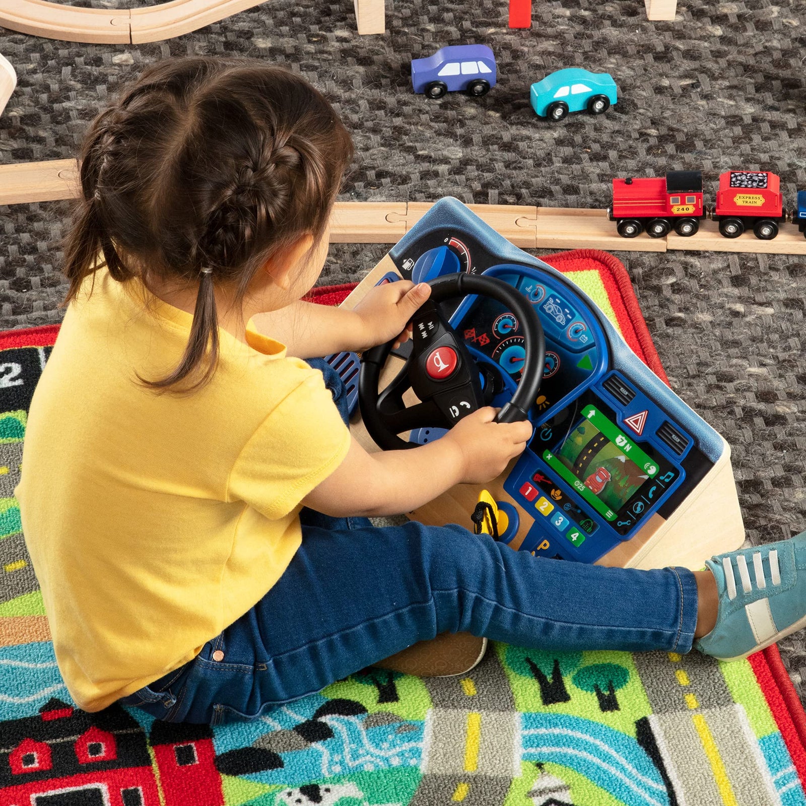 Melissa & Doug Vroom & Zoom Interactive Wooden Dashboard Steering Wheel Pretend Play Driving Toy