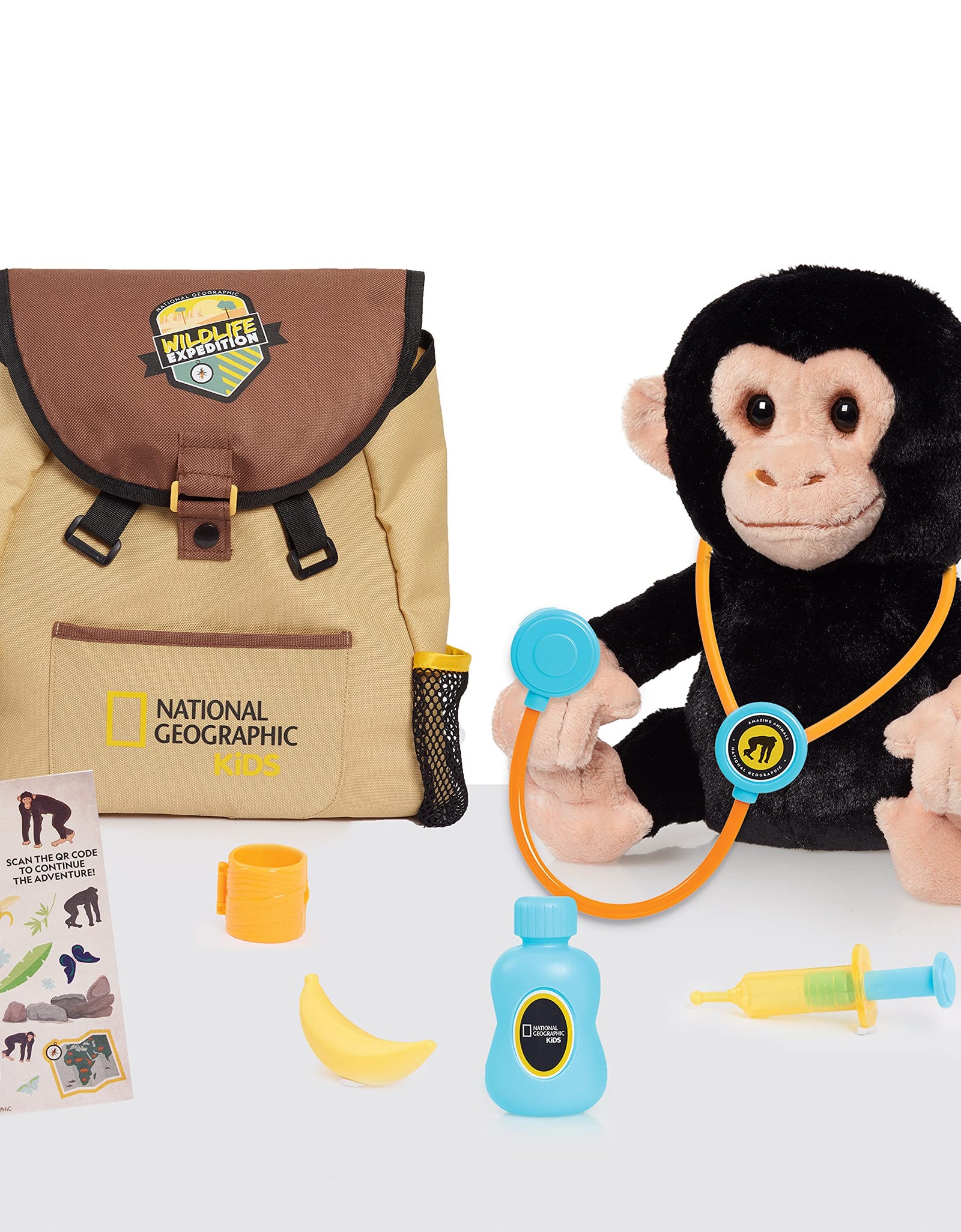 National Geographic Kids Chimpanzee Care & Nurture Vet Set, Interactive Stuffed Animal Toy, Sounds & Backpack, QR Code to Chimp Facts, Recycled Materials, Amazon Exclusive, by Just Play