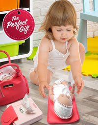 Litti Pritti Baby Doll Accessories - 9 Piece Premier Playtime Set for Baby Dolls - Diaper Bag Set Includes Fabric Diapers, Magic Bottle, Wipes & More
