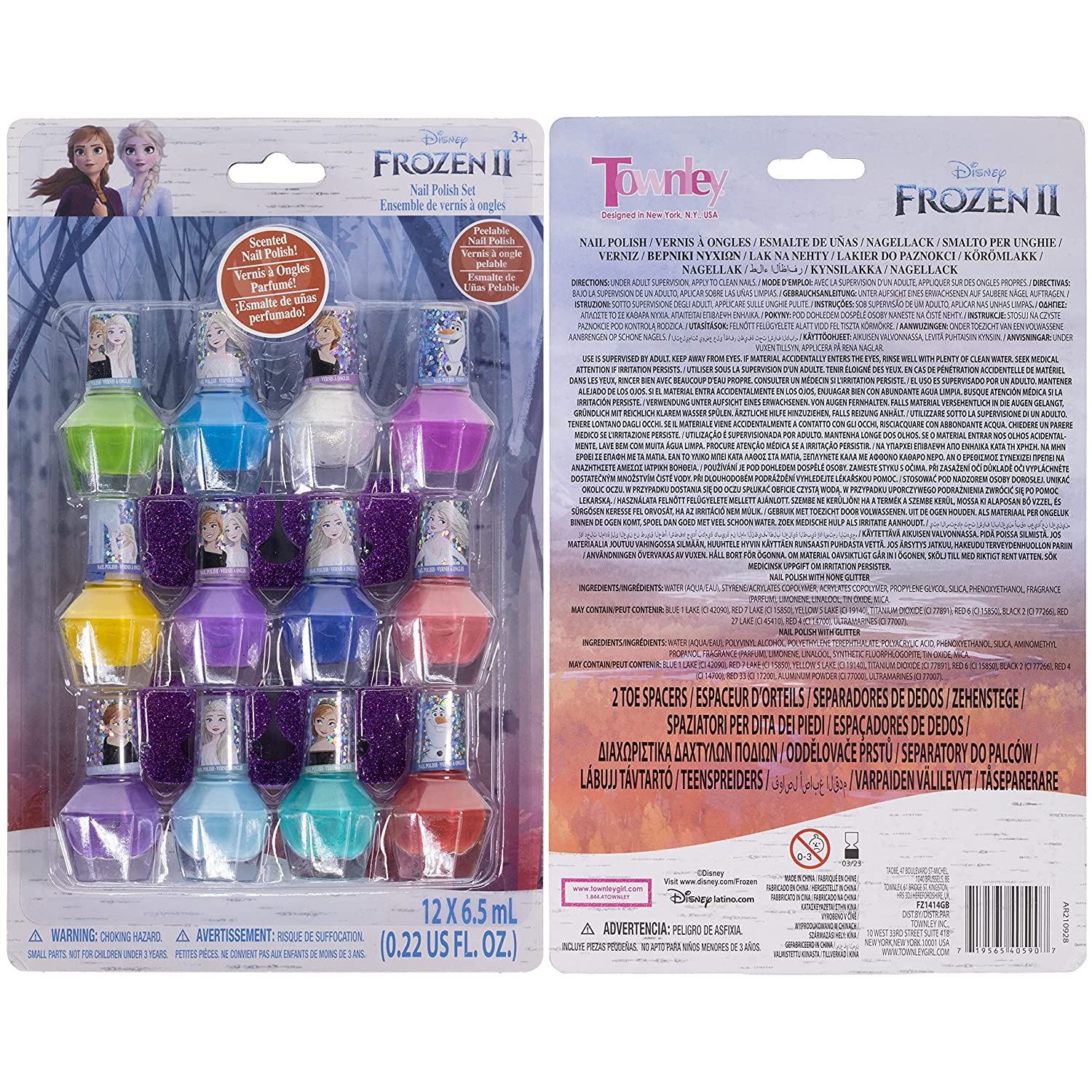 Disney Frozen - Townley Girl Non-Toxic Peel-Off Water-Based Natural Safe Quick Dry Nail Polish Gift Kit Set for Kids Toddler Girls Set With Bonus Nail Files, 12 Pcs (All Solid Colors)