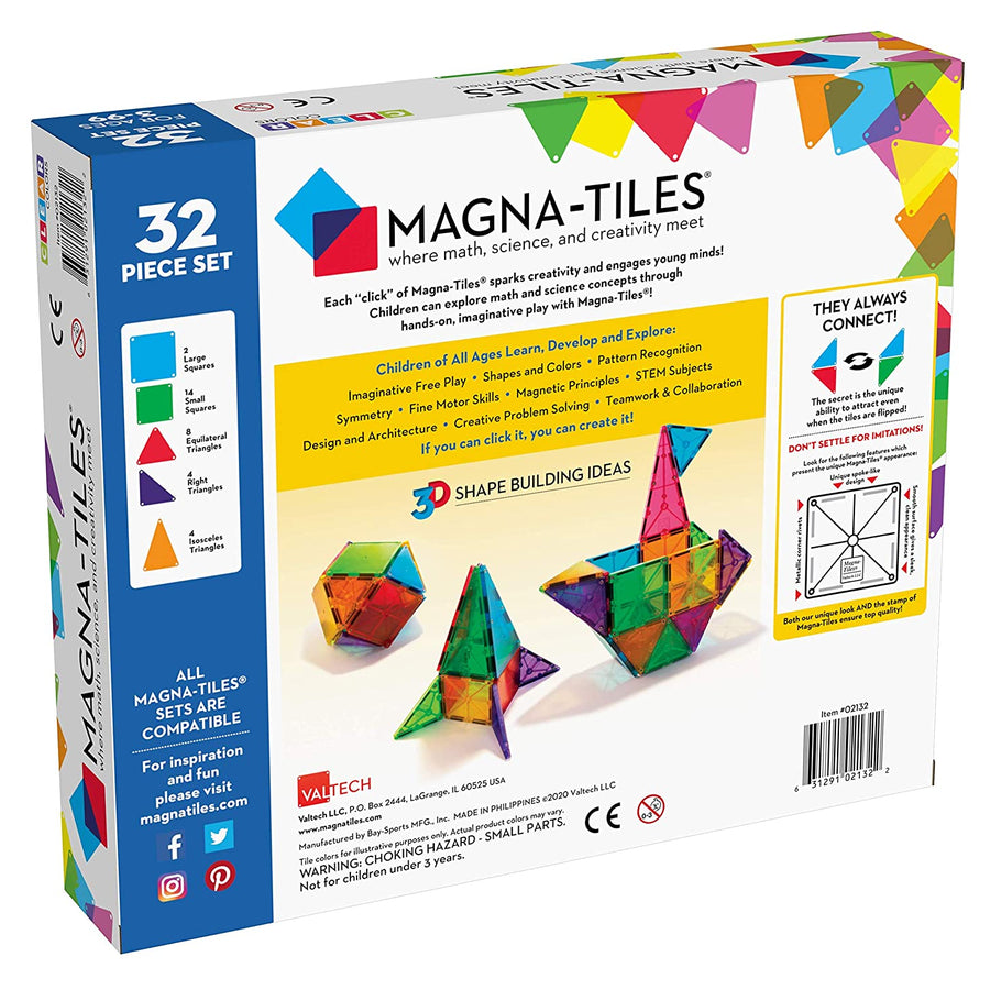 Magna-Tiles 32-Piece Clear Colors Set, The Original Magnetic Building Tiles For Creative Open-Ended Play, Educational Toys For Children Ages 3 Years +