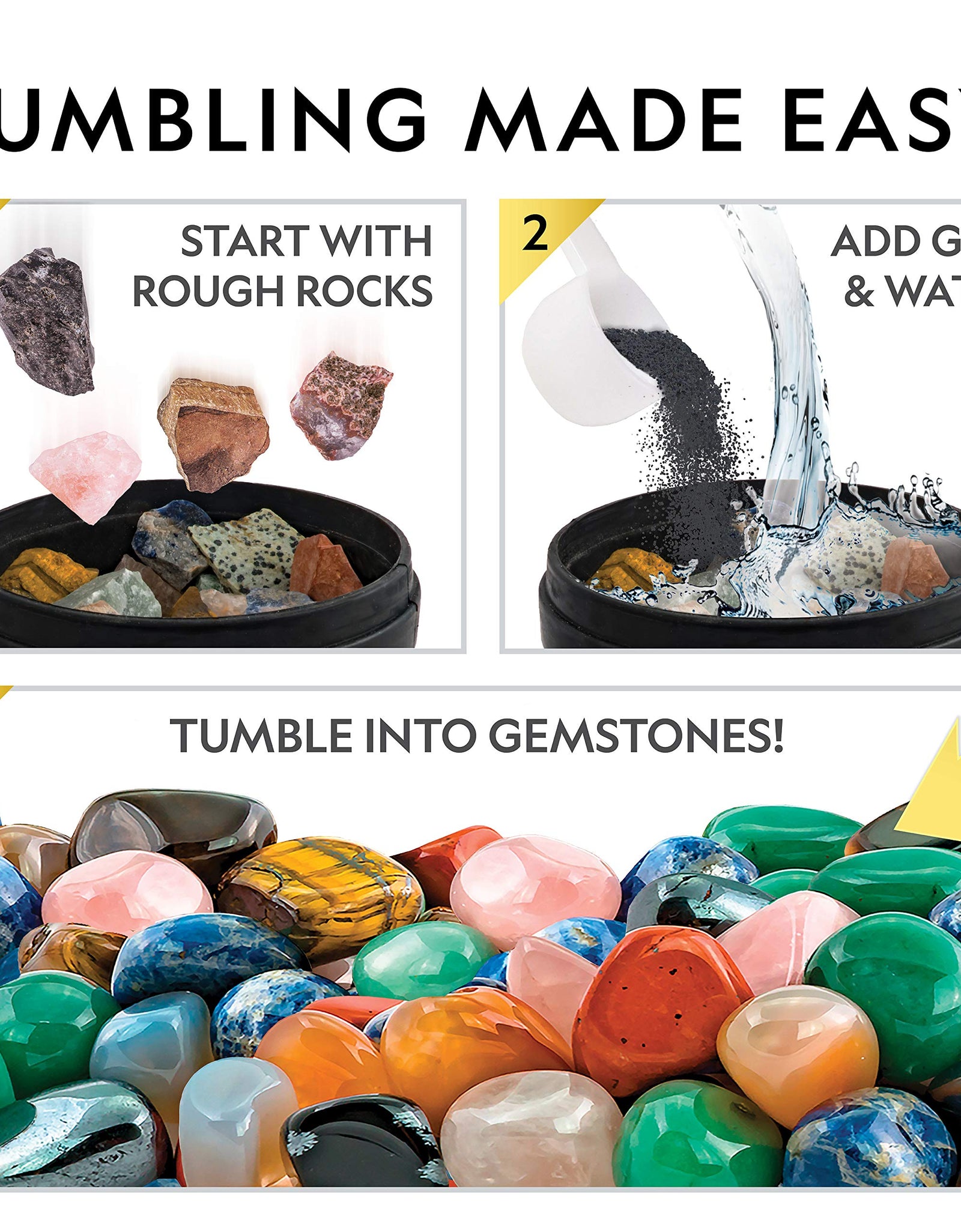 NATIONAL GEOGRAPHIC Rock Tumbler Refill Kit - Gemstone Mix of 9 varieties including Tiger's Eye, Amethyst and Quartz - Comes with 4 grades of Grit, Jewelry Fastenings and detailed Learning Guide