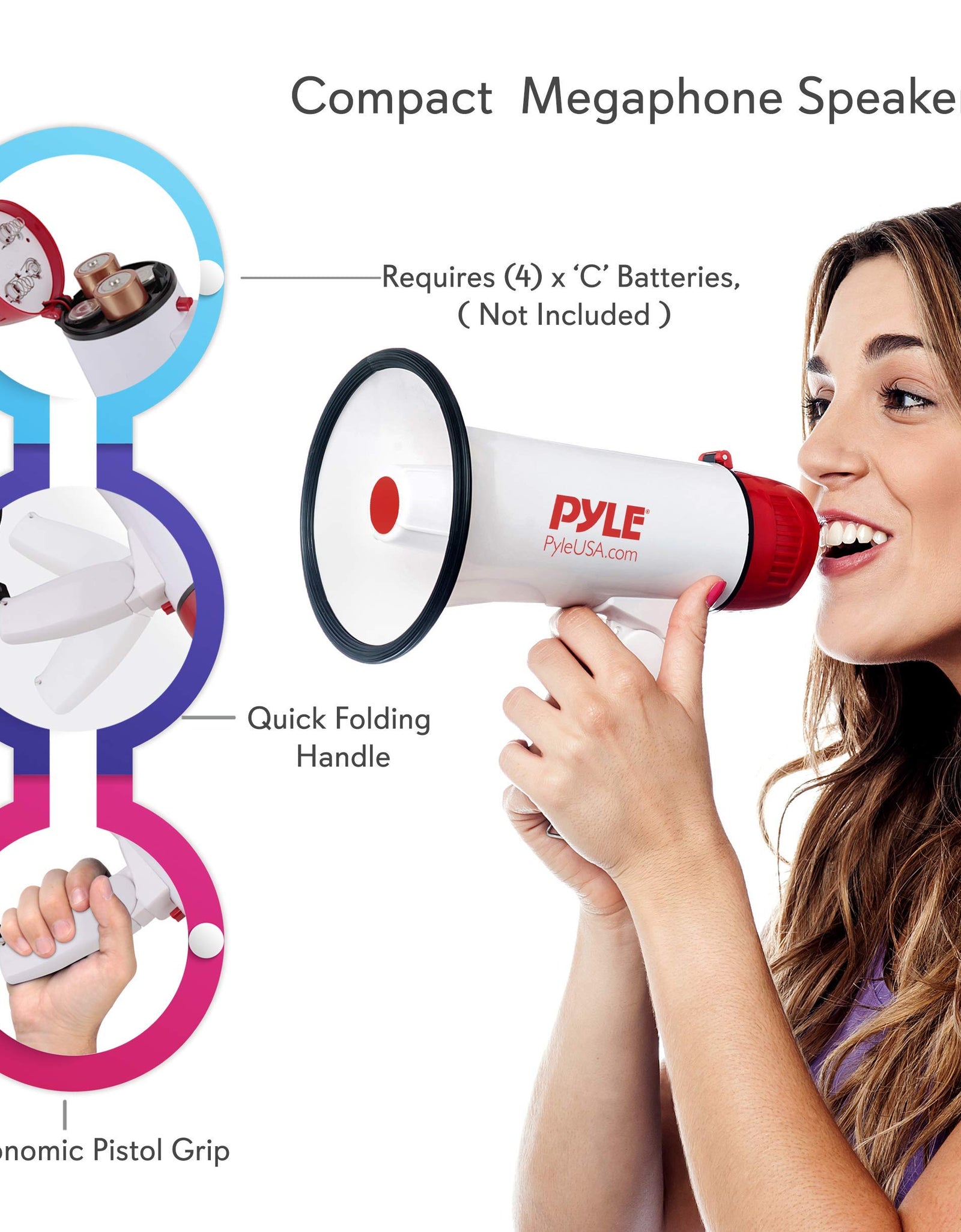 Pyle Megaphone Speaker PA Bullhorn - 20 Watts & Adjustable Vol Control w/ Built-in Siren & 800 Yard Range for Football, Baseball, Hockey, Cheerleading Fans & Coaches or for Safety Drills - PMP20