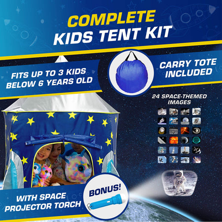 USA Toyz Rocket Ship Pop Up Kids Tent - Spaceship Rocket Indoor Playhouse Tent for Boys and Girls with Included Space Projector Toy and Kids Tent Storage Carry Bag