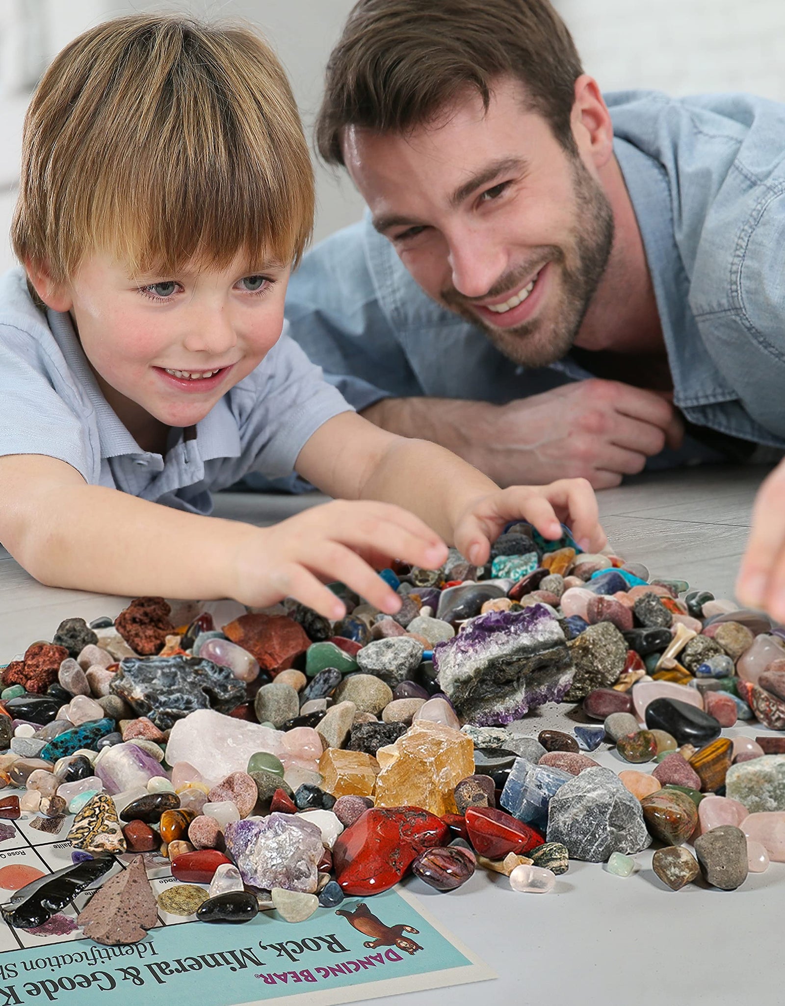 Dancing Bear Rock & Mineral Collection Activity Kit (200+Pcs) with Geodes, Shark Teeth Fossils, Arrowheads, Crystals, Gemstones for Kids, Rock Book, Treasure Hunt ID Sheet, STEM Education, Made in USA