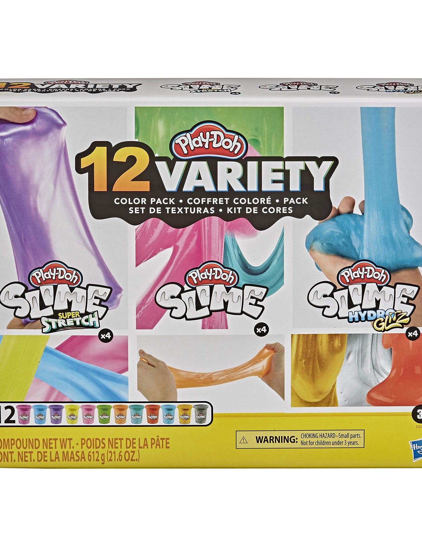 Play-Doh Slime: Super Stretch, and HydroGlitz 12 Color Variety Pack for Kids 3 Years and Up, 1.8-Ounce Cans, Non-Toxic, Assorted Colors, Includes 2 Tools