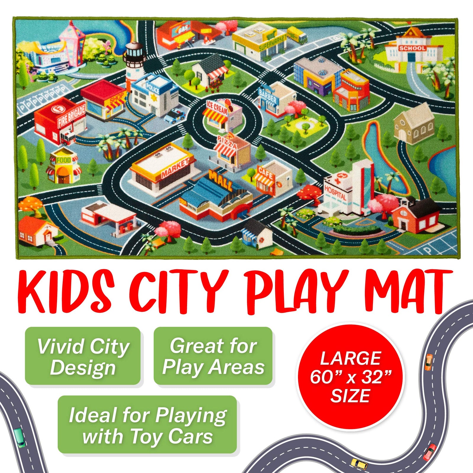 Kids Carpet Playmat Rug - Fun Carpet City Map for Hot Wheels Track Racing and Toys - Floor Mats for Cars for Toddler Boys -Bedroom, Playroom, Living Room Game Play Mat for Little Children
