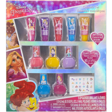 Disney Princess - Townley Girl Super Sparkly Cosmetic Makeup Set for Girls with Lip Gloss Nail Polish Nail Stickers - 11 Pcs|Perfect for Parties Sleepovers Makeovers| Birthday Gift for Girls 3 Yrs+