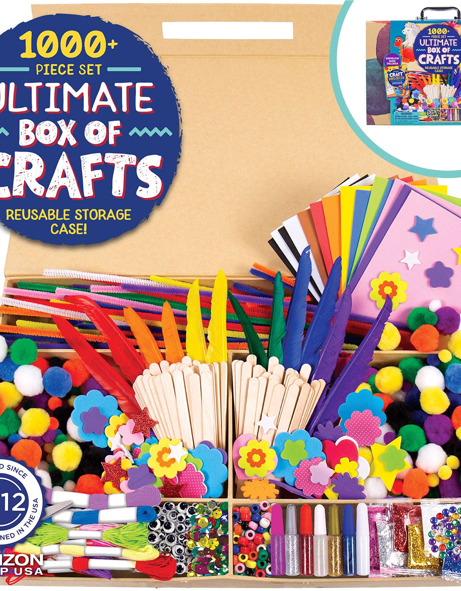 Horizon Group USA Giant 1000+ Pieces Ultimate Box of Arts & Crafts Supplies Set - Big DIY Kit for Kids & Toddlers, Homeschool, Preschool - Stickers,Feathers,Pipe Cleaners,Wood Sticks,Gemstones,Beads