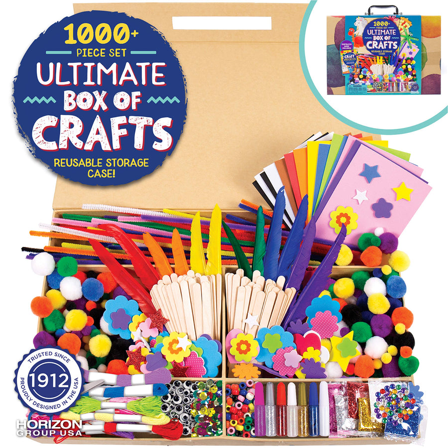 Horizon Group USA Giant 1000+ Pieces Ultimate Box of Arts & Crafts Supplies Set - Big DIY Kit for Kids & Toddlers, Homeschool, Preschool - Stickers,Feathers,Pipe Cleaners,Wood Sticks,Gemstones,Beads
