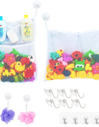 2 x Mesh Bath Toy Organizer + 6 Ultra Strong Hooks – The Perfect Bathtub Toy Holder & Bathroom or Shower Caddy – These Multi-use Net Bags Make Baby Bath Toy Storage Easy – For Kids & Toddlers
