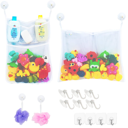 2 x Mesh Bath Toy Organizer + 6 Ultra Strong Hooks – The Perfect Bathtub Toy Holder & Bathroom or Shower Caddy – These Multi-use Net Bags Make Baby Bath Toy Storage Easy – For Kids & Toddlers