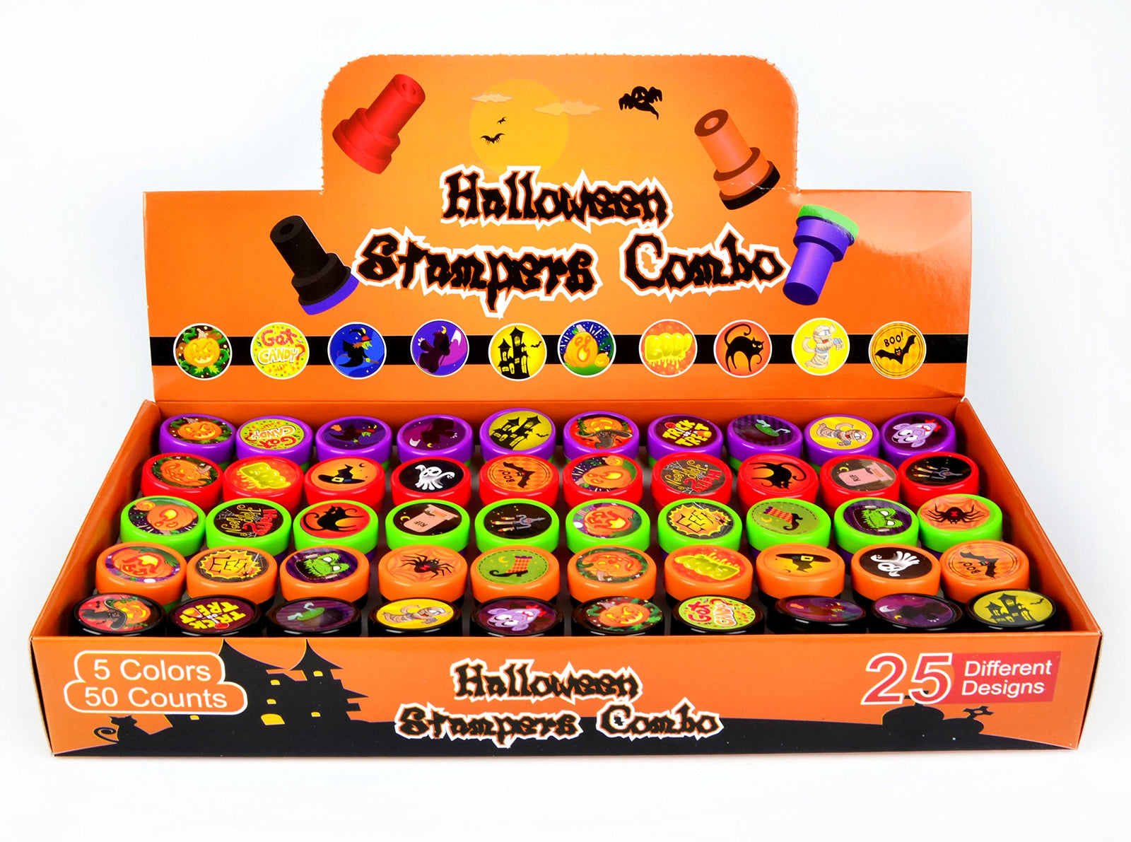 50 Pieces Halloween Assorted Stamps Kids Self-Ink Stamps (25 DIFFERENT Designs, Plastic Stamps, Trick Or Treat Stamps, Spooky Stamps) for Halloween Party Favors, Game Prizes, Halloween Goodies Bags