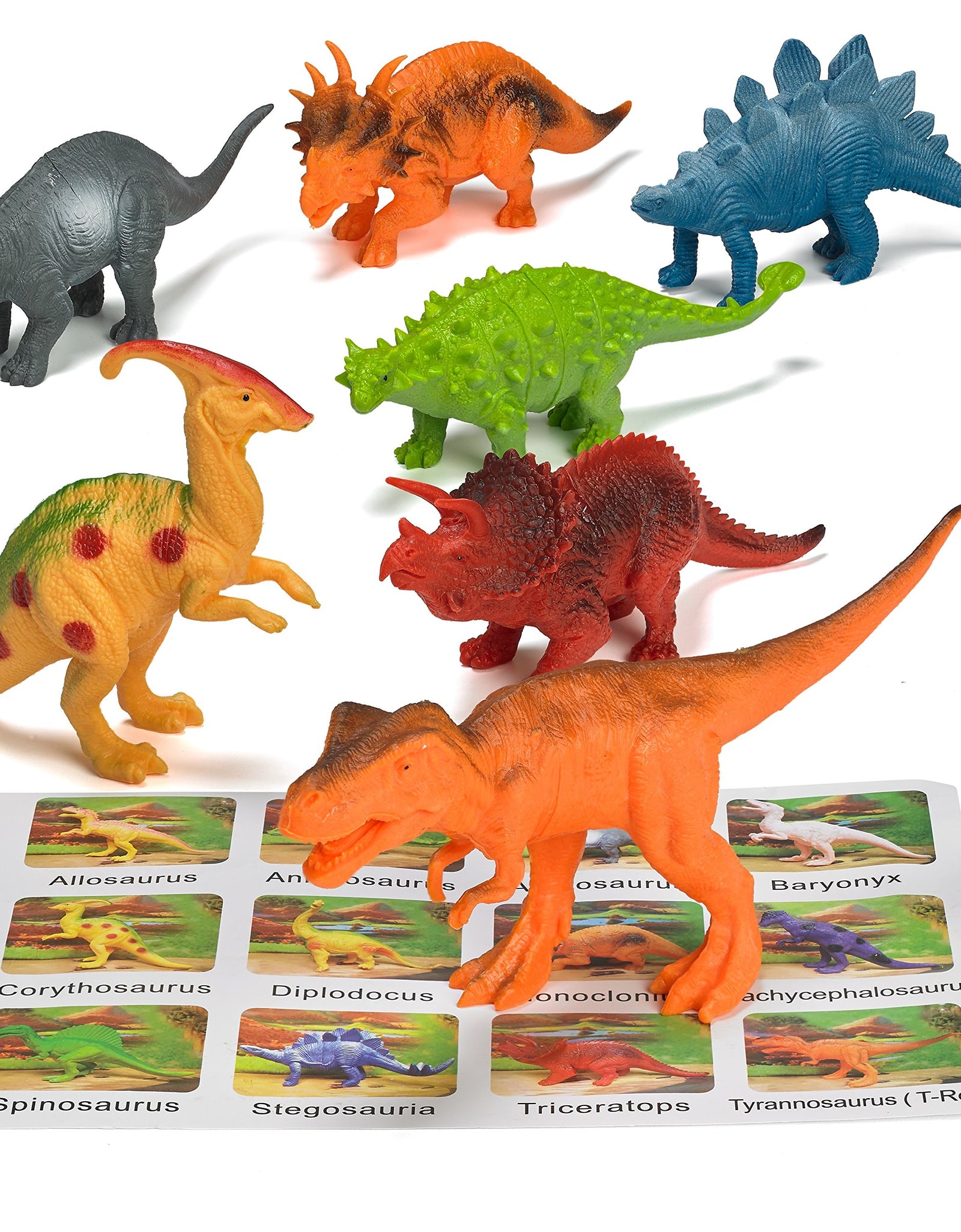 Prextex Realistic Looking 7" Dinosaurs Pack of 12 Toys for Boys and Girls 3 Years Old & Up Large Plastic Assorted Dinosaur Figures with Dinosaur Book