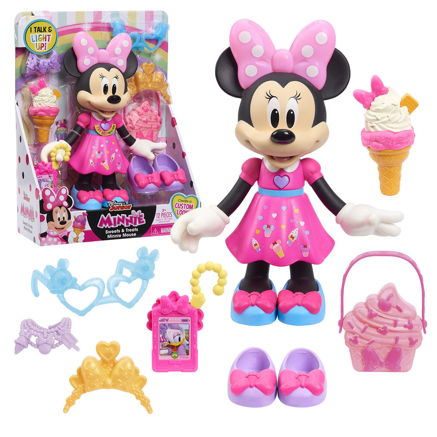 Disney Junior Sweets & Treats Minnie Mouse, Interactive 10-Inch Doll with Lights, Sounds, and Accessories, by Just Play