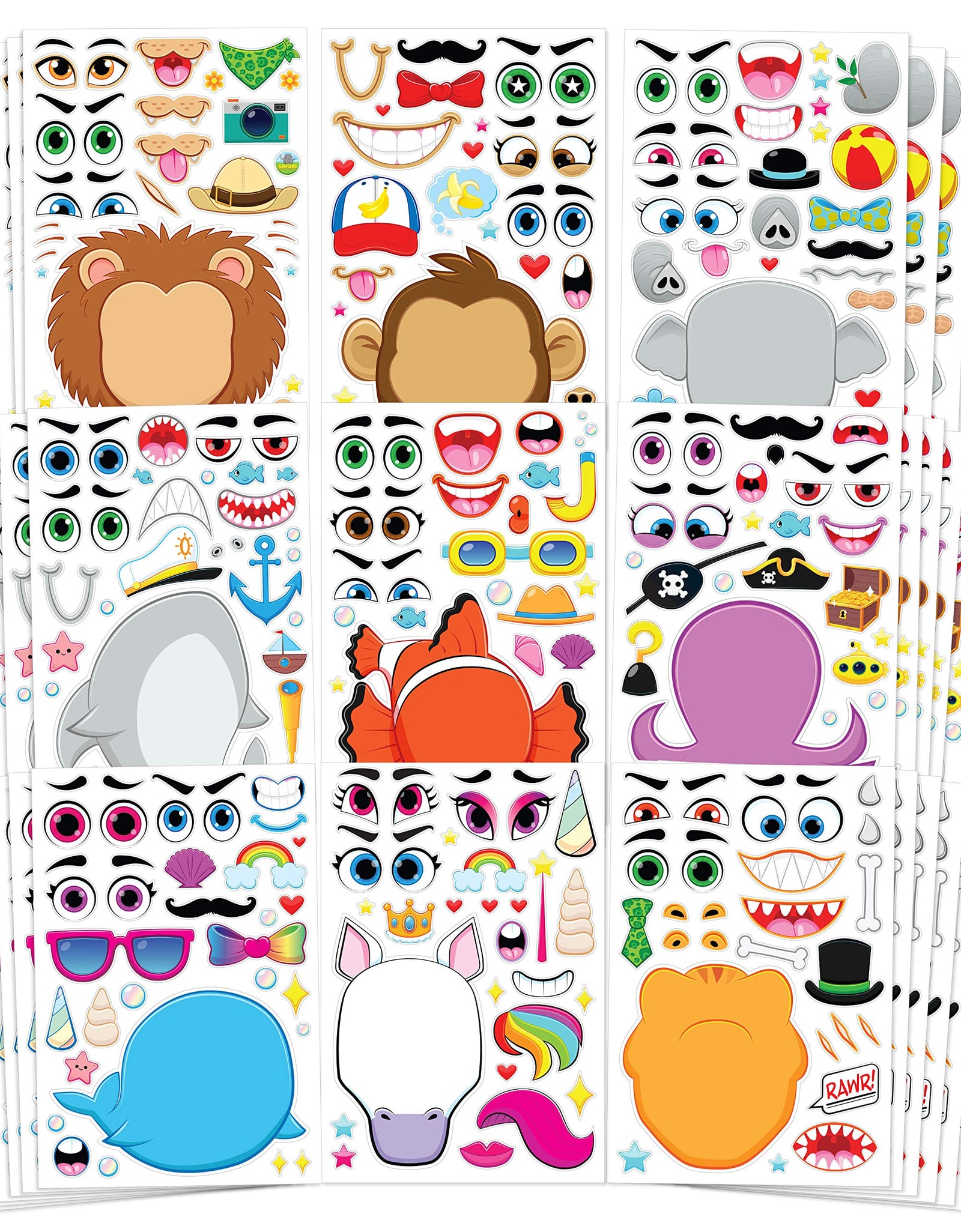 JOYIN 36 PCS Make-a-face Sticker Sheets Make Your Own Animal Mix and Match Sticker Sheets with Safaris, Sea and Fantasy Animals Kids Party Favor Supplies Craft