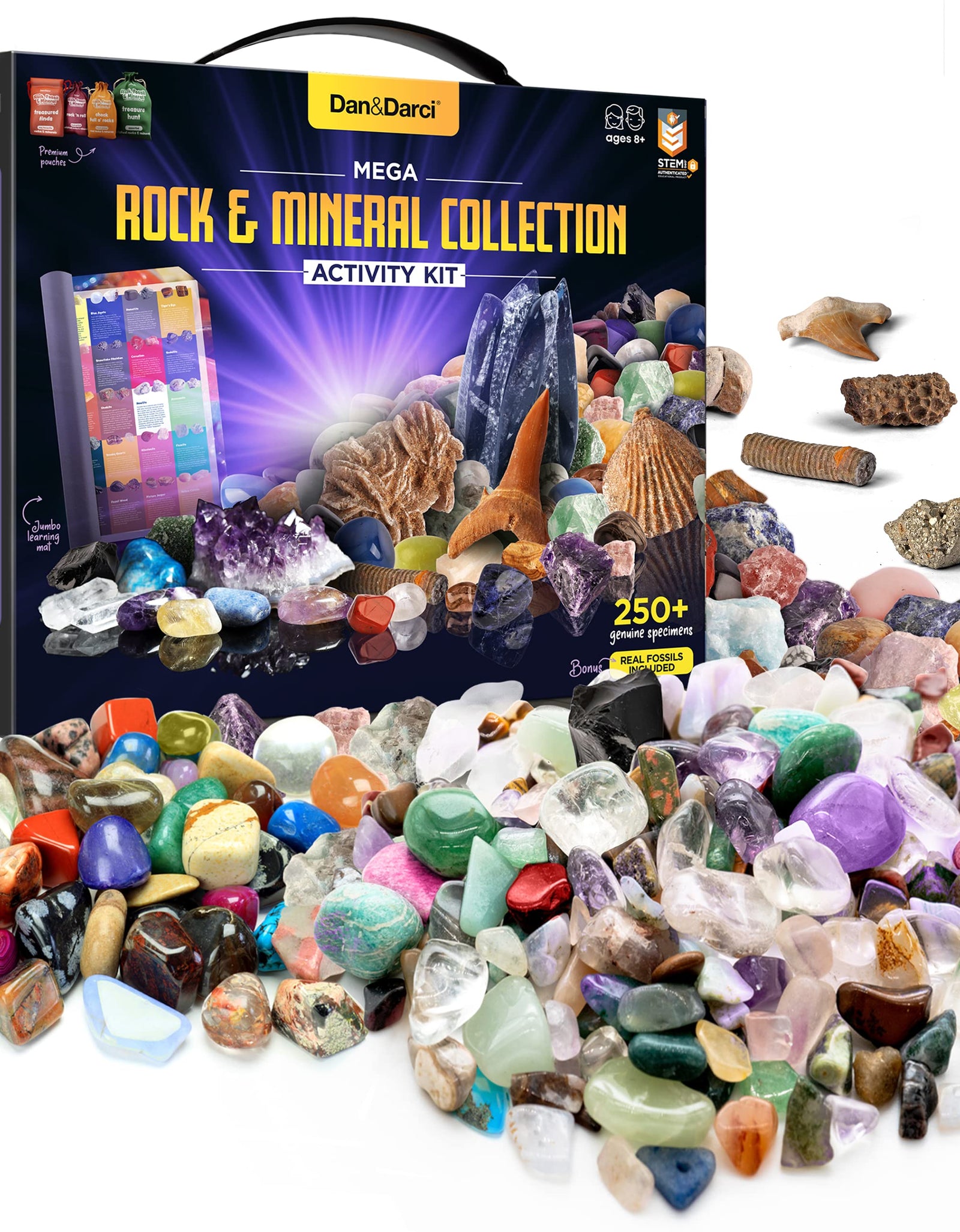 Rock Collection for Kids. Includes 250+ Gemstones, Crystals, Fossil, Rocks and Mineral + Jumbo Learning Mat. Science Gift for Boys & Girls - 2 Lbs. Bulk Rough & Polished Gem Stones + Genuine Fossils