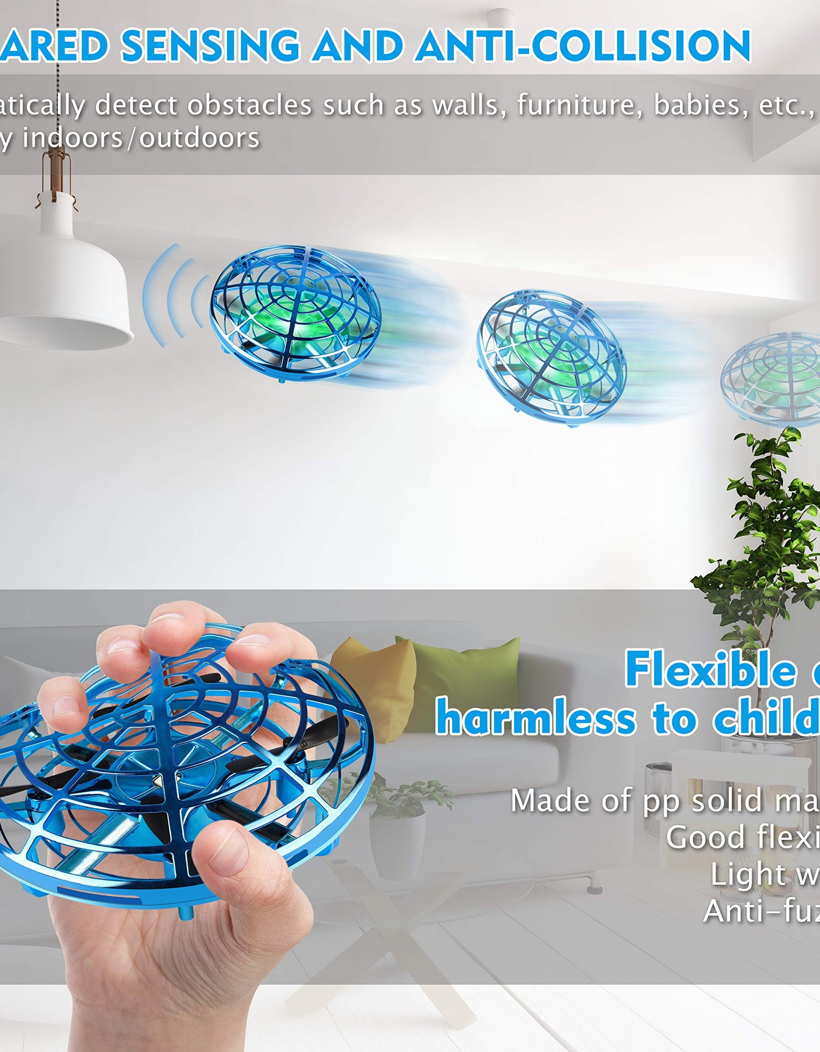 Hand Operated Drones for Kids or Adult - Interactive Infrared Induction Indoor Helicopter Ball with 360° Rotating and Shinning LED Lights,Hand-Controlled Flying Ball Toys for 5 6 7 8 9 10 11 12 Years