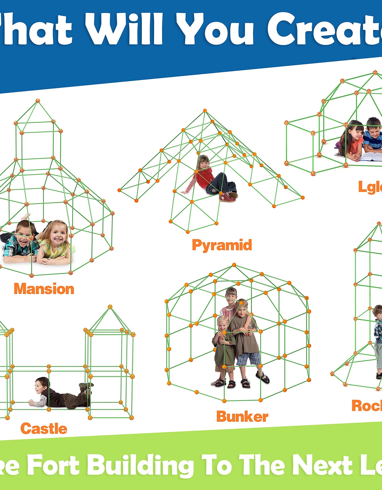 Kids-Fort-Building-Kit-130 Pieces-Creative Fort Toy for 5,6,7 Years Old Boy & Girls- Learning Toys DIY Building Castles Tunnels Play Tent Rocket Tower Indoor & Outdoor