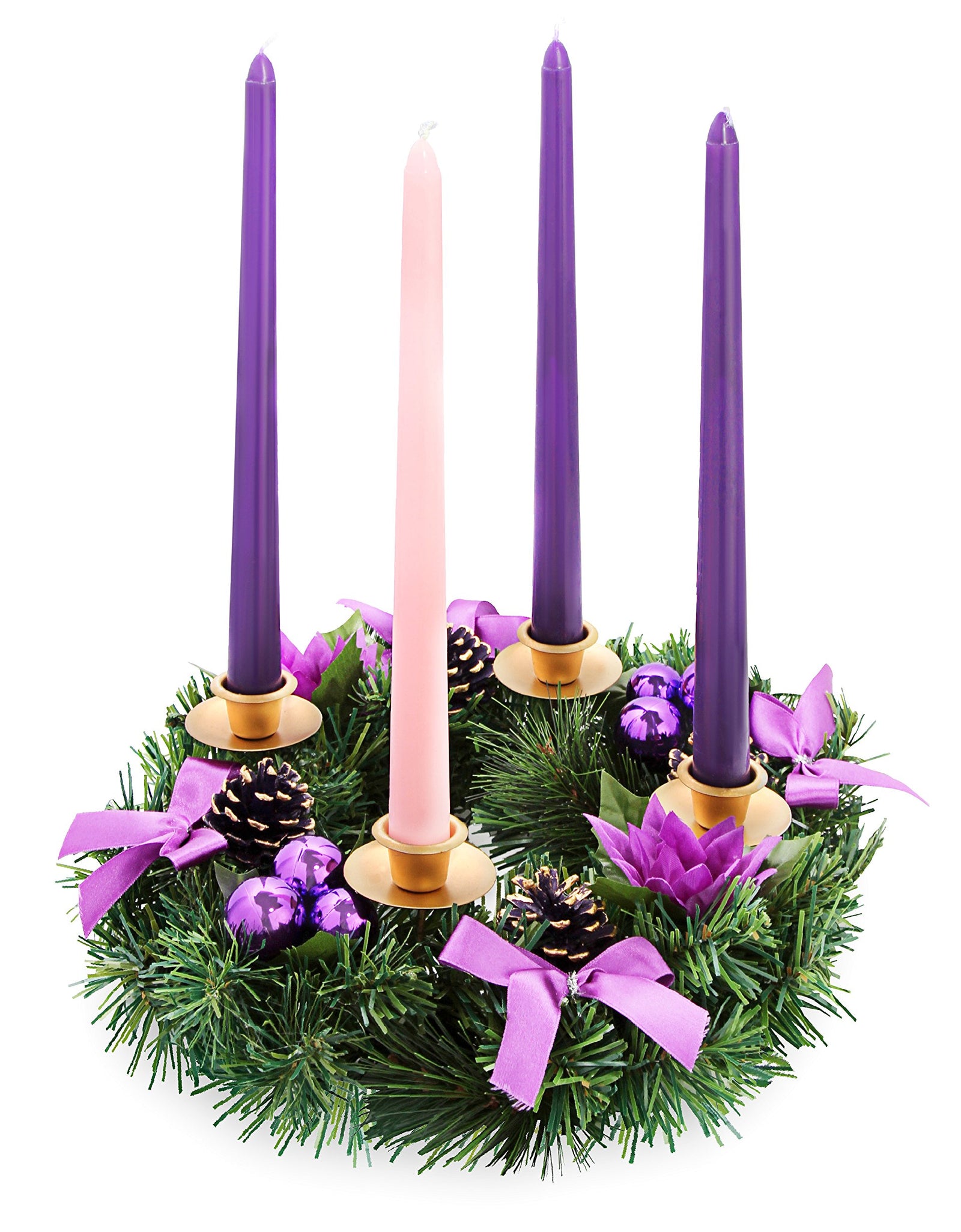 Advent Candle Set. "Made in the USA" Self Fitting End. Premium Hand Dipped Candles, Dripless, 4 pack - 3 purple, 1 pink