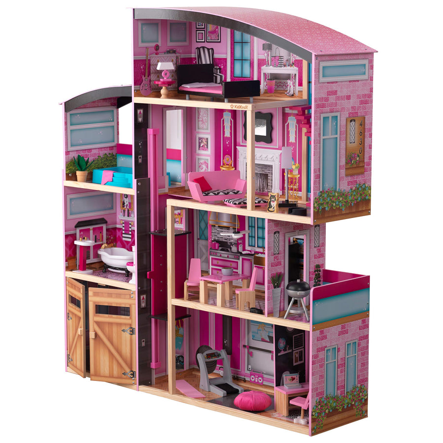 KidKraft Shimmer Mansion Wooden Dollhouse for 12-Inch Dolls with Lights & Sounds and 30-Piece Accessories, Gift for Ages 3+ , Pink