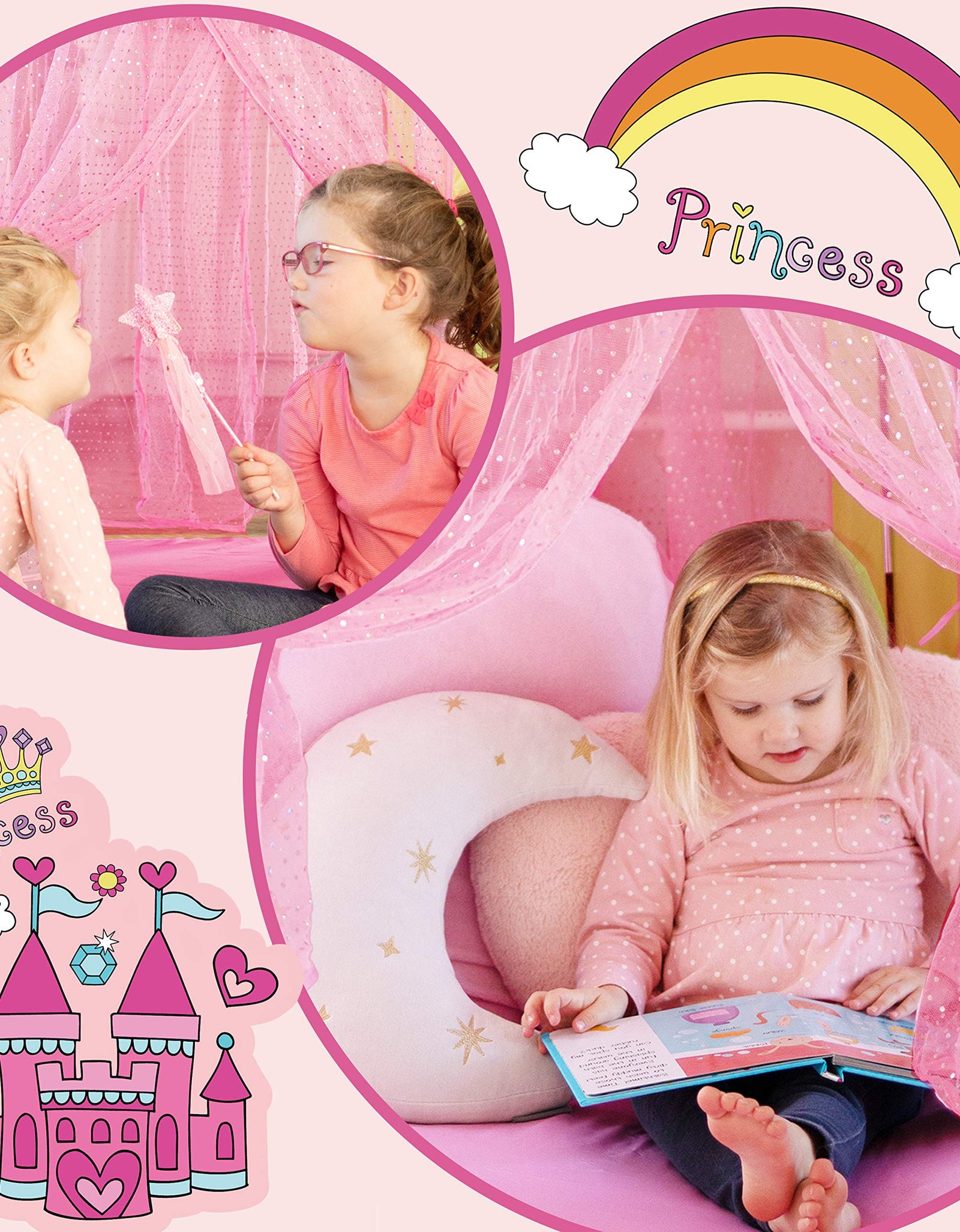 Tiny Land Princess Castle Play Tent With Glitter Dot, Pack in A Carrying Case, 2 Kids Foldable Pop Up Pink Play Tent/House Toy For Indoor and Outdoor Use, 41"Dx 55“H