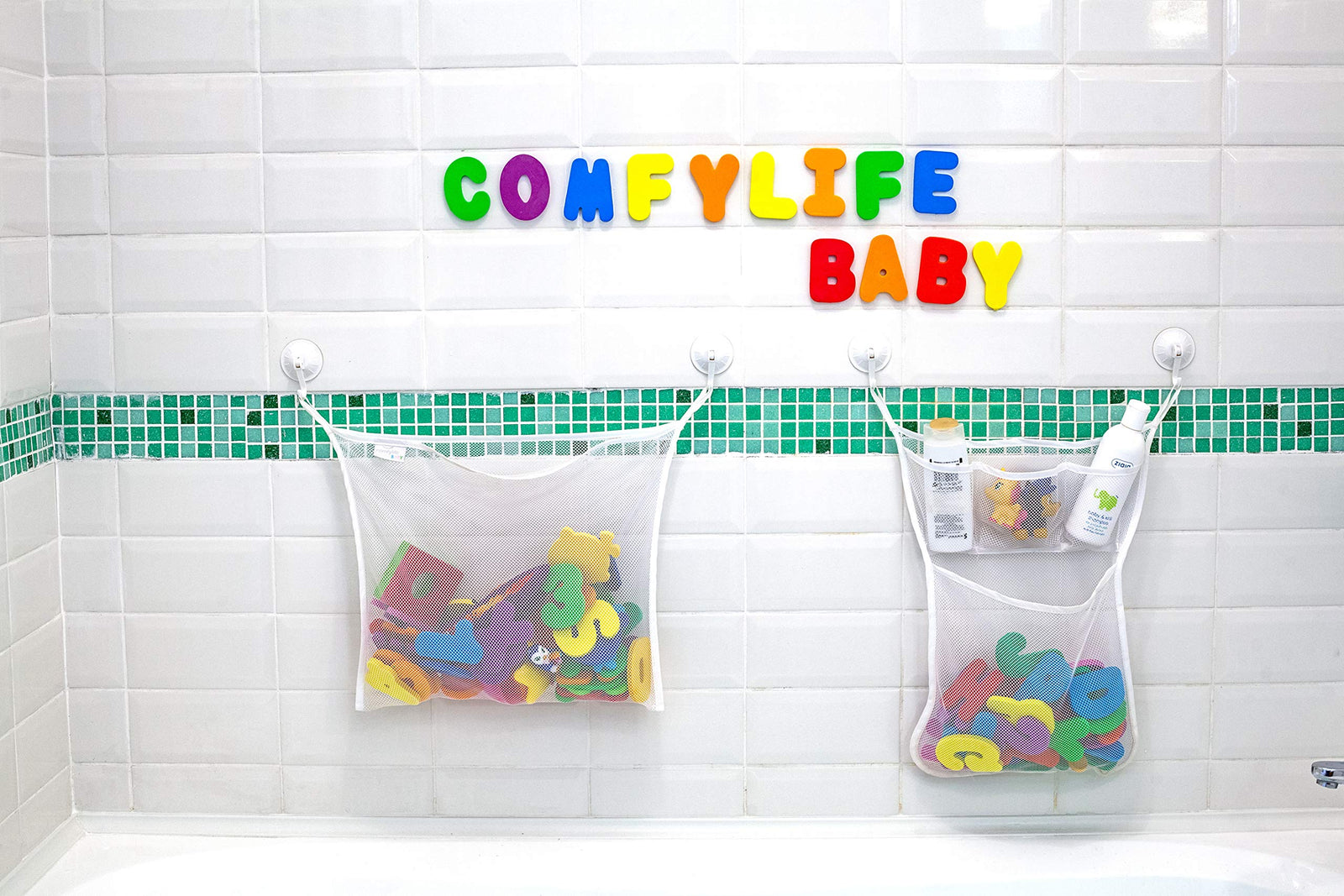 Comfylife 2 x Mesh Bath Toy Organizer + 6 Ultra Strong Hooks + 36 Bath Letters & Numbers – Eco-Safe, Fun, Educational Foam Baby Bath Letters and Perfect Toy Storage Net for Baby Bath Toys & More