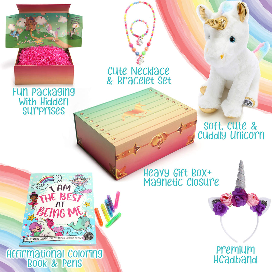 The Memory Building Company Unicorn Gifts for Girls in a Giant Surprise Box with a Unicorn Plush, Unicorn Coloring Book with Coloring Markers, Unicorn Necklace, and Unicorn Headband