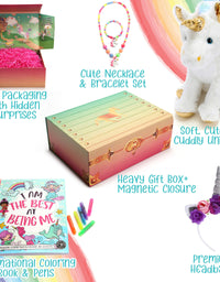 The Memory Building Company Unicorn Gifts for Girls in a Giant Surprise Box with a Unicorn Plush, Unicorn Coloring Book with Coloring Markers, Unicorn Necklace, and Unicorn Headband
