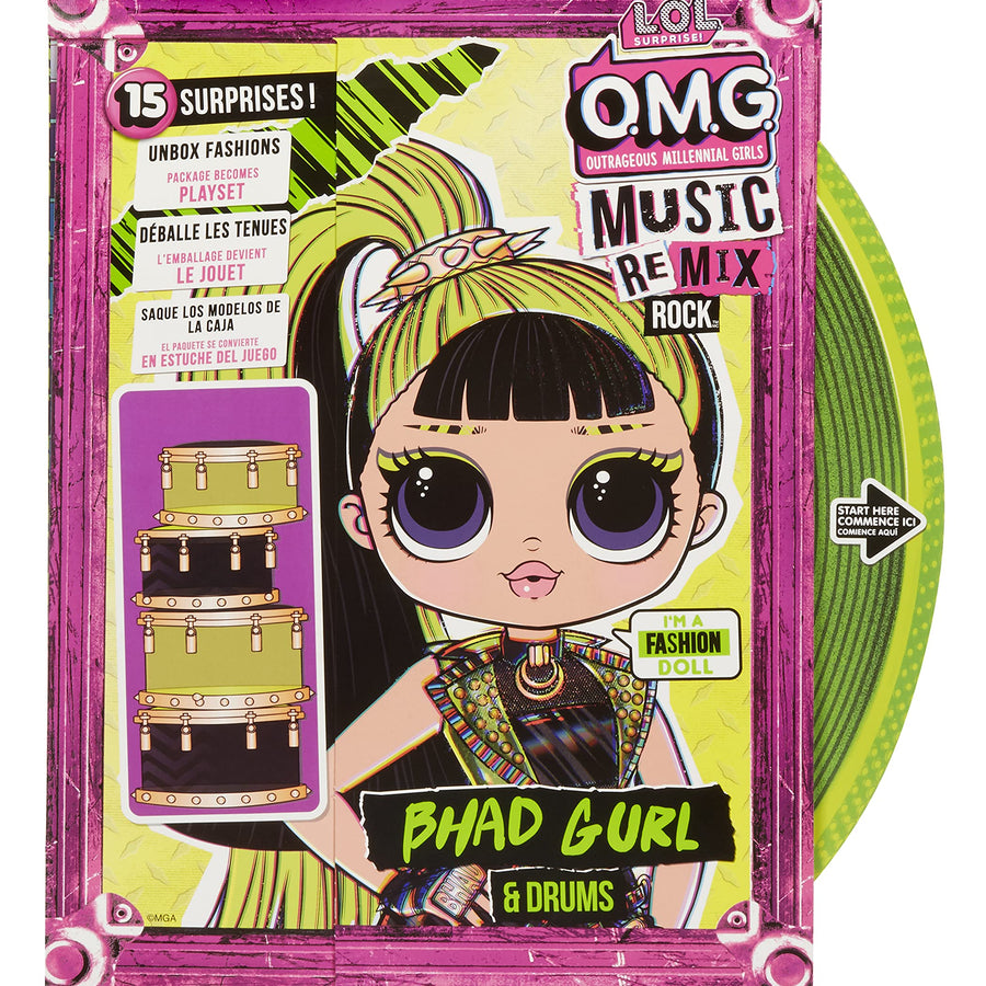 LOL Surprise OMG Remix Rock Bhad Gurl Fashion Doll with 15 Surprises Including Drums, Outfit, Shoes, Stand, Lyric Magazine, and Record Player Playset - Gift for Kids, Toys for Girls Boys Ages 4 5 6 7+