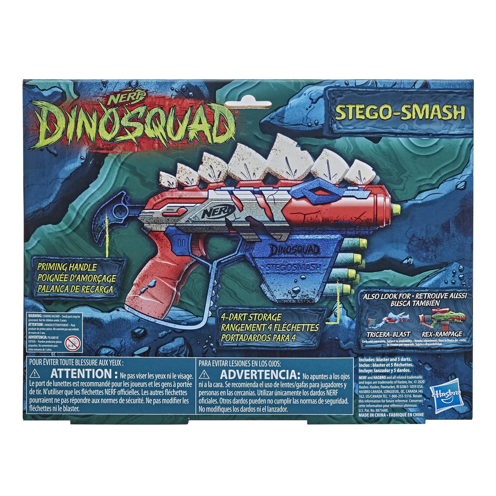 NERF DinoSquad Stegosmash Dart Blaster, 4-Dart Storage, Pull-Back Priming Handle, 5 Official Darts, Dinosaur Design, Stegosaurus Spikes