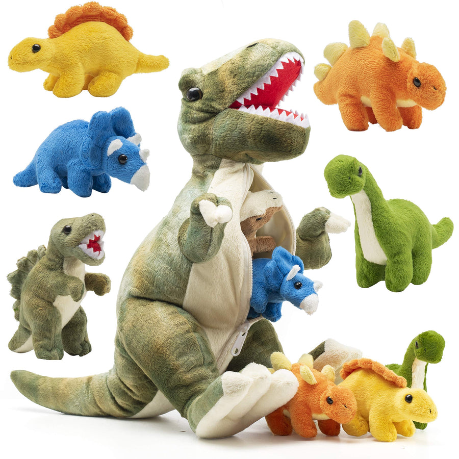Prextex 15 inch Plush Dinosaur Stuffed Animal T-Rex Tummy Carrier with 5 Cute Little Hatchlings Inside its Zippered Tummy Great Set for Kids