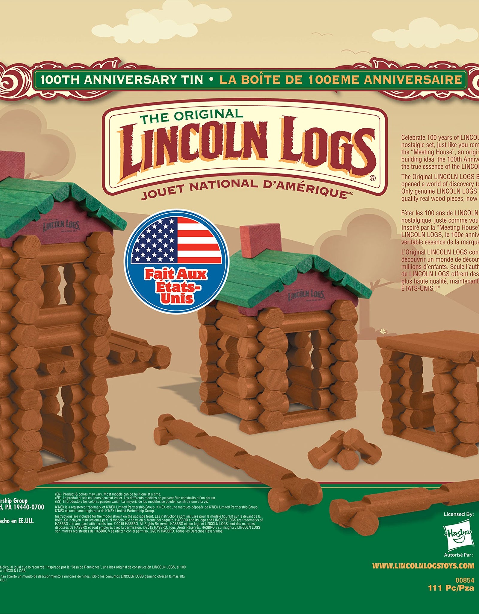 Lincoln Logs –100th Anniversary Tin-111 Pieces-Real Wood Logs-Ages 3+ - Best Retro Building Gift Set for Boys/Girls - Creative Construction Engineering – Top Blocks Game Kit - Preschool Education Toy, Brown (854)