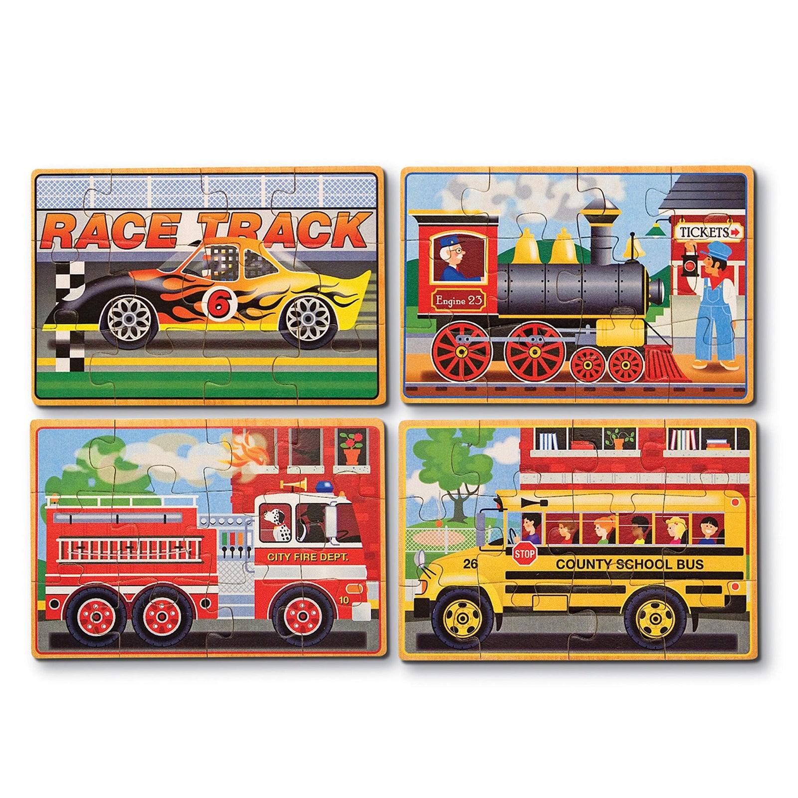 Melissa & Doug Vehicles 4-in-1 Wooden Jigsaw Puzzles in a Storage Box (48 pcs)