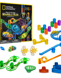 NATIONAL GEOGRAPHIC Glowing Marble Run – 80 Piece Construction Set with 15 Glow in the Dark Glass Marbles & Mesh Storage Bag, Educational STEM Toy, an AMAZON EXCLUSIVE Science Kit
