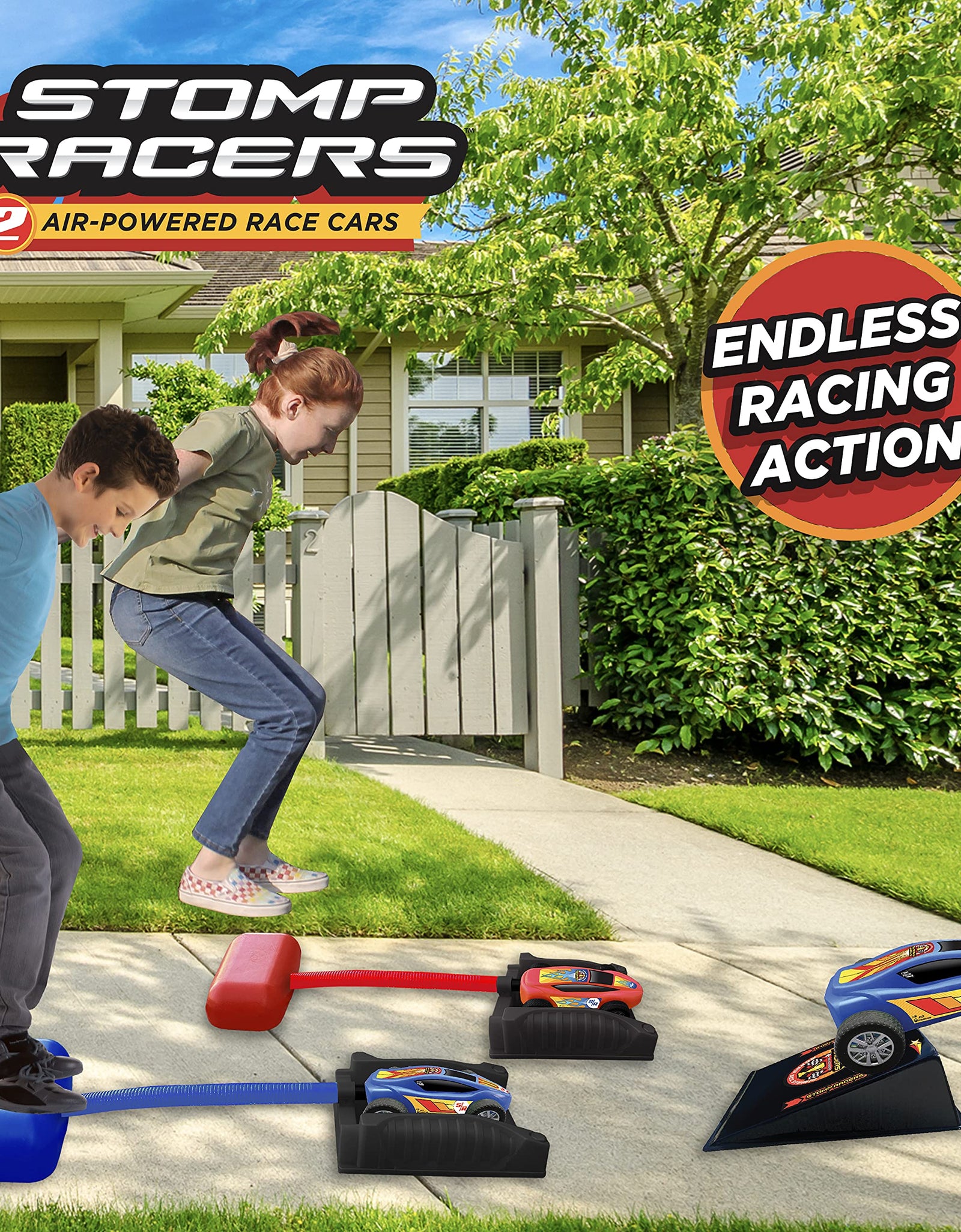 New Stomp Rocket Dueling Stomp Racers, 2 Toy Car Launchers and 2 Air Powered Cars with Ramp and Finish Line. Great for Outdoor and Indoor Play, STEM Gifts for Boys and Girls -Ages 5, 6, 7, 8
