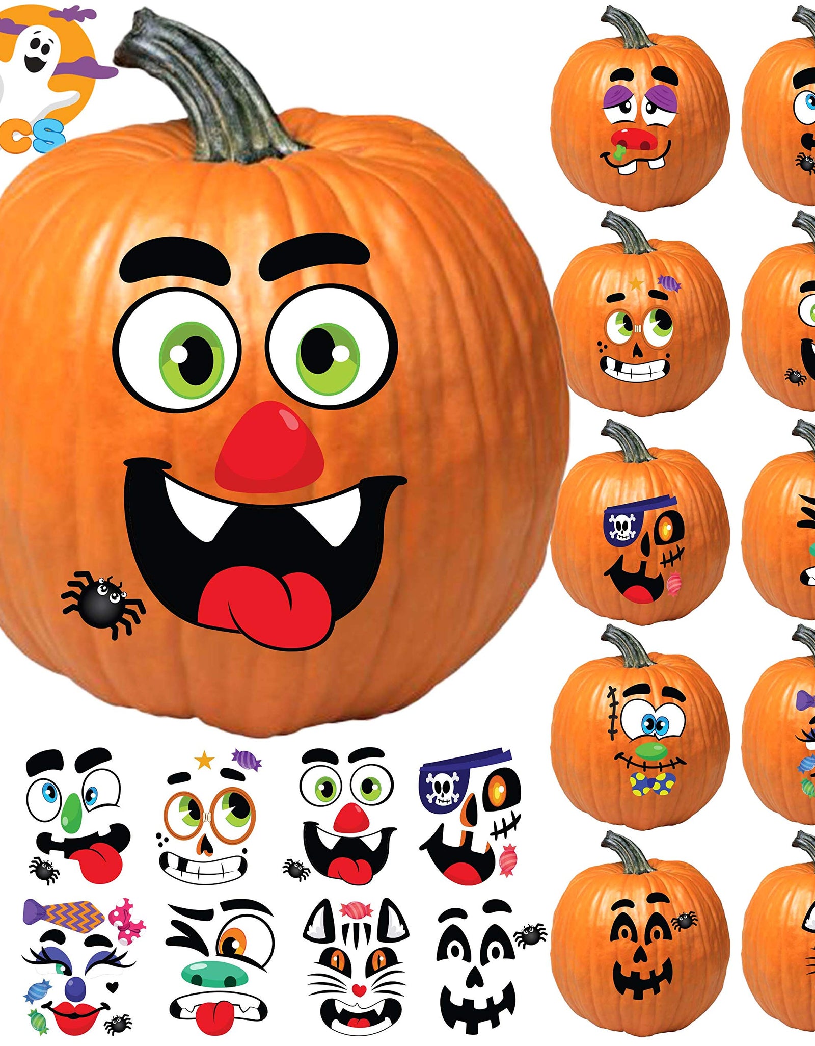 JOYIN Make 40 Faces Pumpkin Decorating Stickers with 18 Sticker Sheets in 12 Different Designs and Sizes Halloween Party Supplies Trick or Treat Party Favors