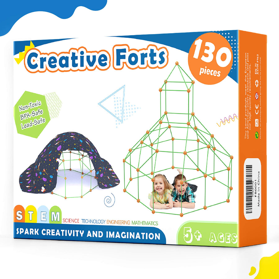Kids-Fort-Building-Kit-130 Pieces-Creative Fort Toy for 5,6,7 Years Old Boy & Girls- Learning Toys DIY Building Castles Tunnels Play Tent Rocket Tower Indoor & Outdoor