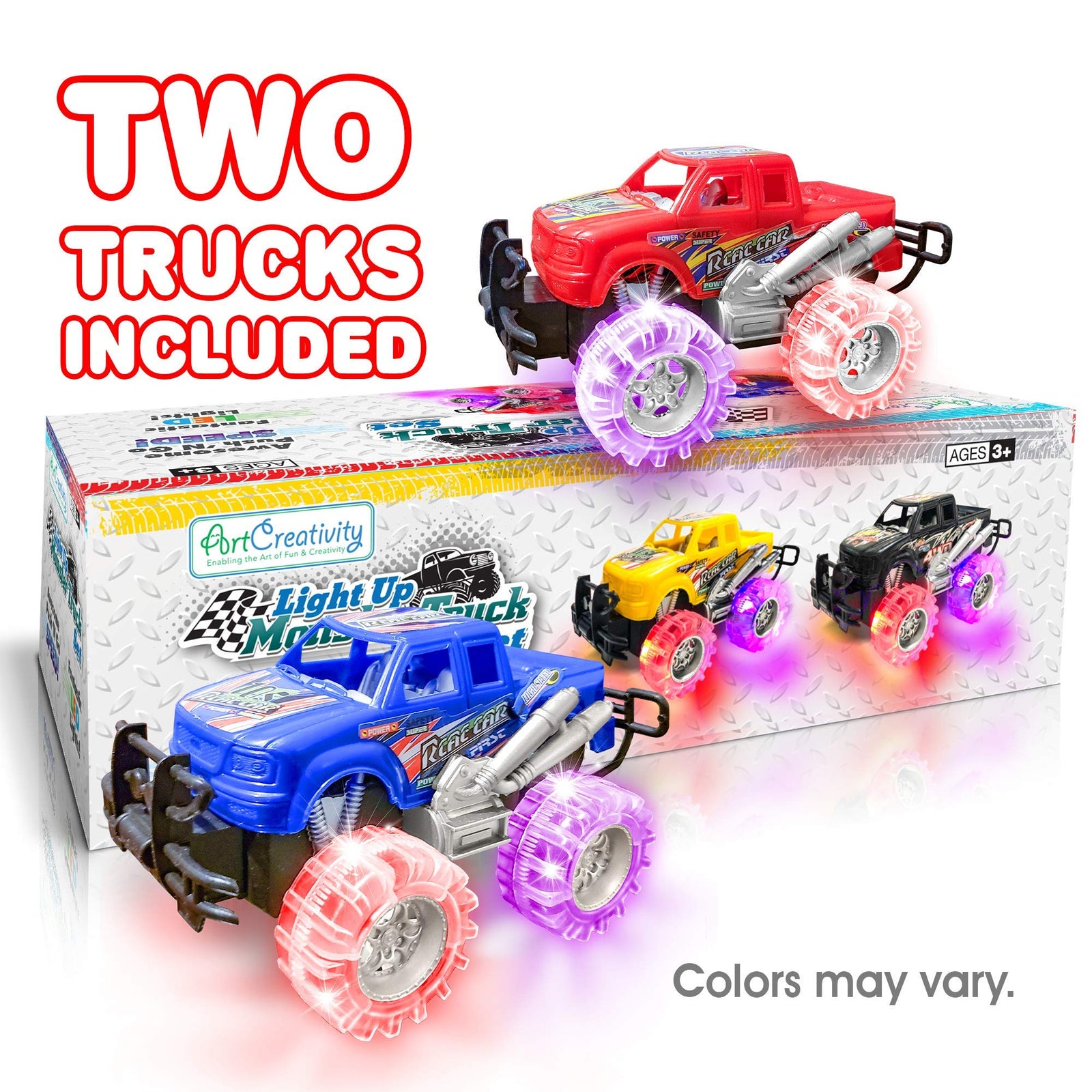 Light Up Monster Truck Set for Boys and Girls by ArtCreativity - Set Includes 2, 6 Inch Monster Trucks with Beautiful Flashing LED Tires - Push n Go Toy Cars Fun Gift for Kids - for Ages 3+