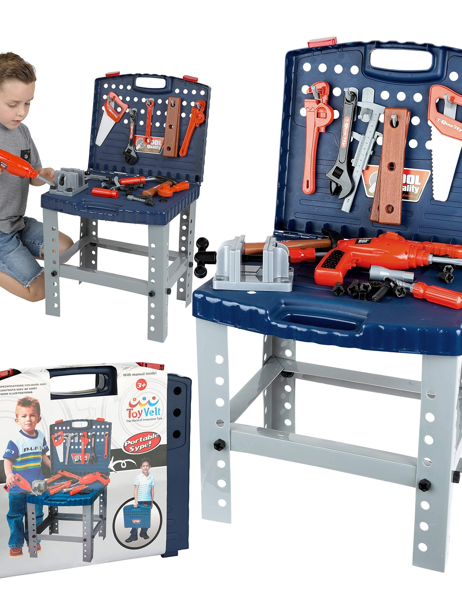 ToyVelt Kids Tool Set Toddler Workbench W Realistic Tools & Electric Drill For Construction Workshop Tool Bench, Stem Educational Pretend Play, Best Gift Toys For Boys & Girls Age 3, 4, 5, 6 and Up