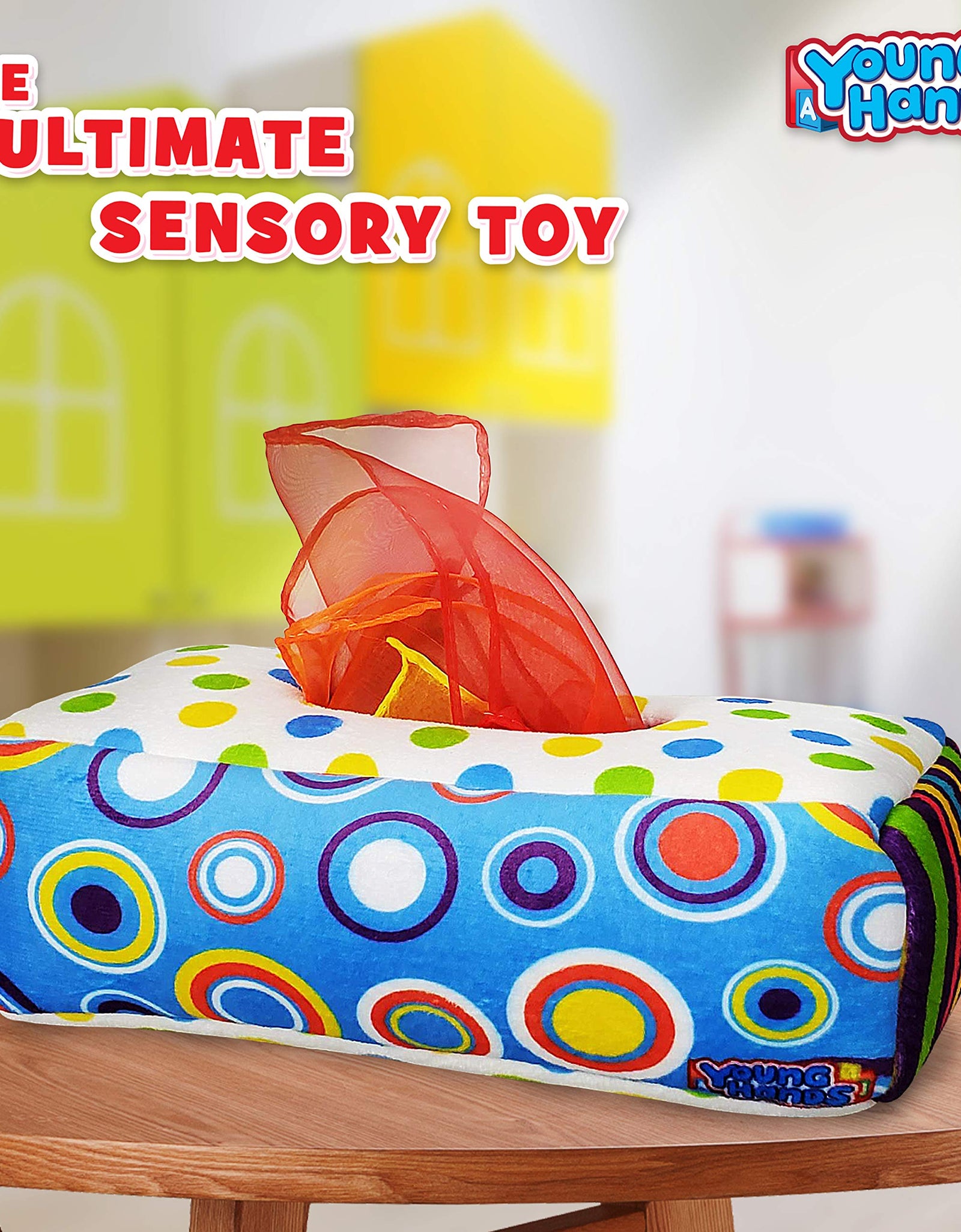 Sensory Pull Along Toddler Infant Baby Tissue Box - Colorful Juggling Rainbow Dance Scarves for Kids STEM Montessori Educational Manipulative Preschool Learning Toys – 5 Month 1-2-Year-Old Activities