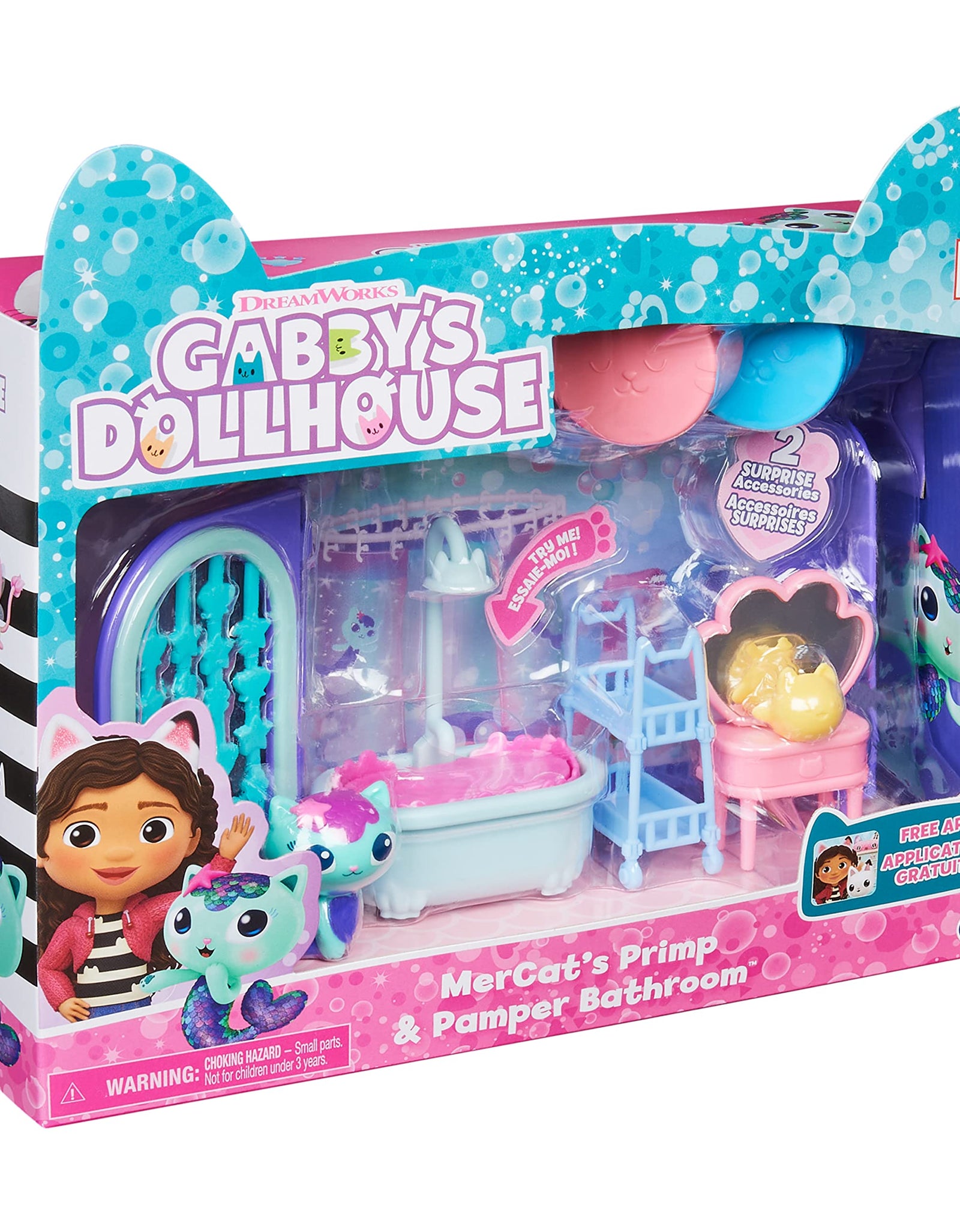 Gabby's Dollhouse, Primp and Pamper Bathroom with Mercat Figure, 3 Accessories, 3 Furniture and 2 Deliveries, Kids Toys for Ages 3 and up